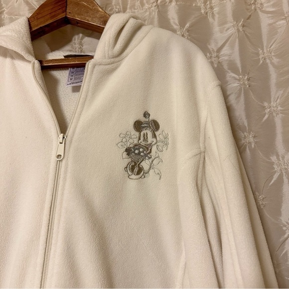 Disney Parks Minnie Mouse Embroidered Fleece Zip Up Hooded Jacket Cream Hoodie - Picture 3 of 10